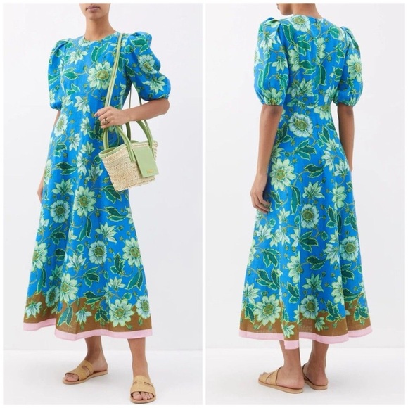 Alemias Winnie Floral Linen Midi Dress In Cobalt Size 6 US 2